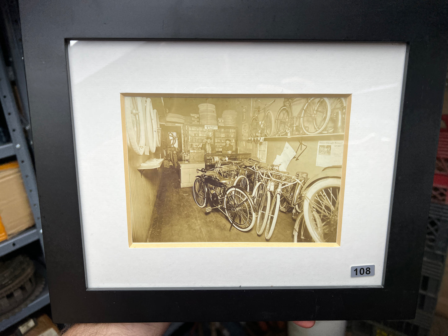 1915 Harley Davidson and Shaw Motorcycles in a Bicycle Shop Photo