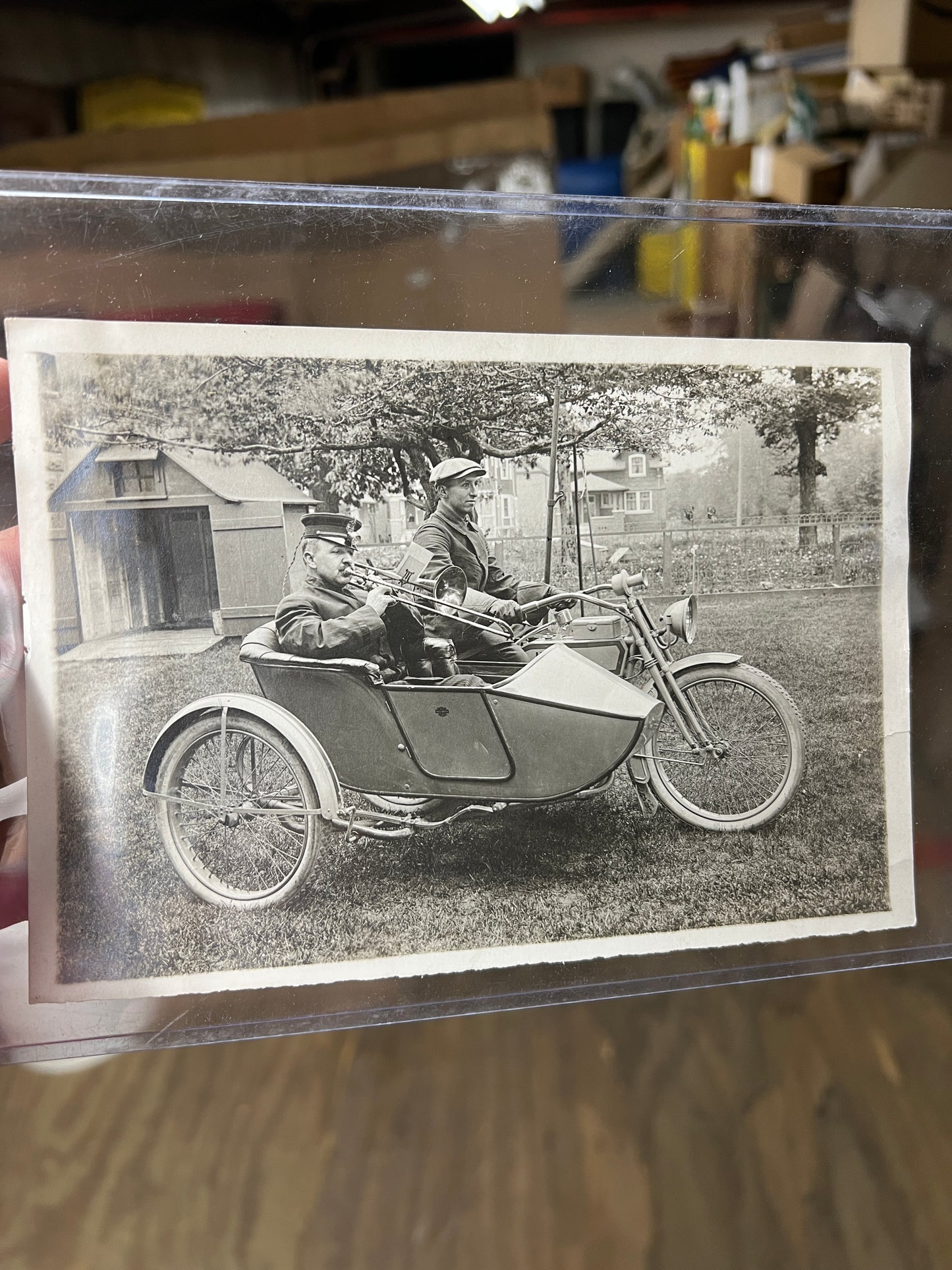 1915 Harley Davidson Motorcycle w/ Sidecar and Trombone Factory Photo