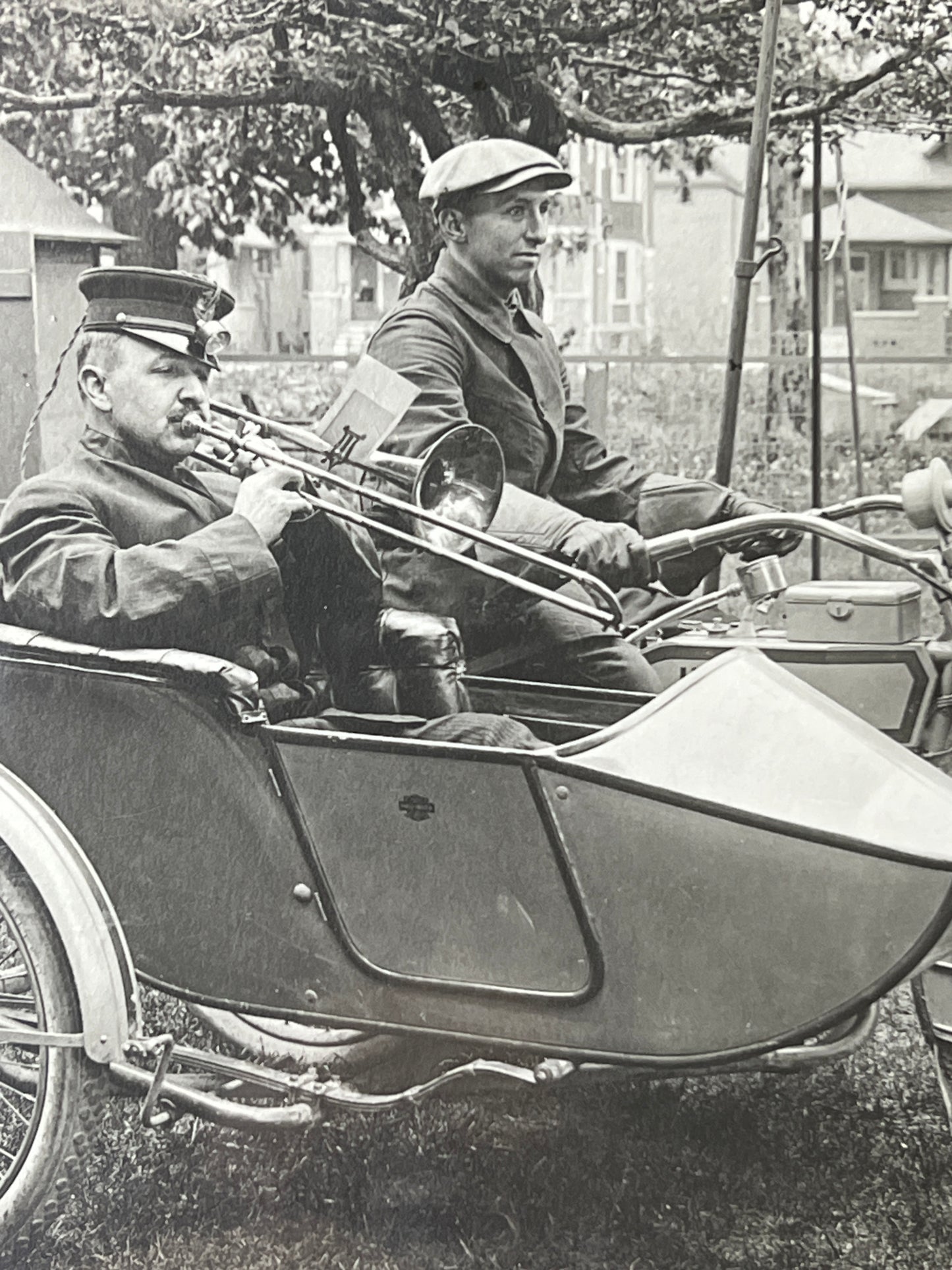 1915 Harley Davidson Motorcycle w/ Sidecar and Trombone Factory Photo