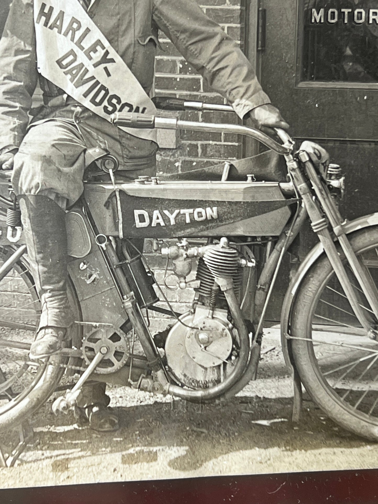 1910 Harley Single Factory Ad Photo w/ Dayton & Chicago Pennants