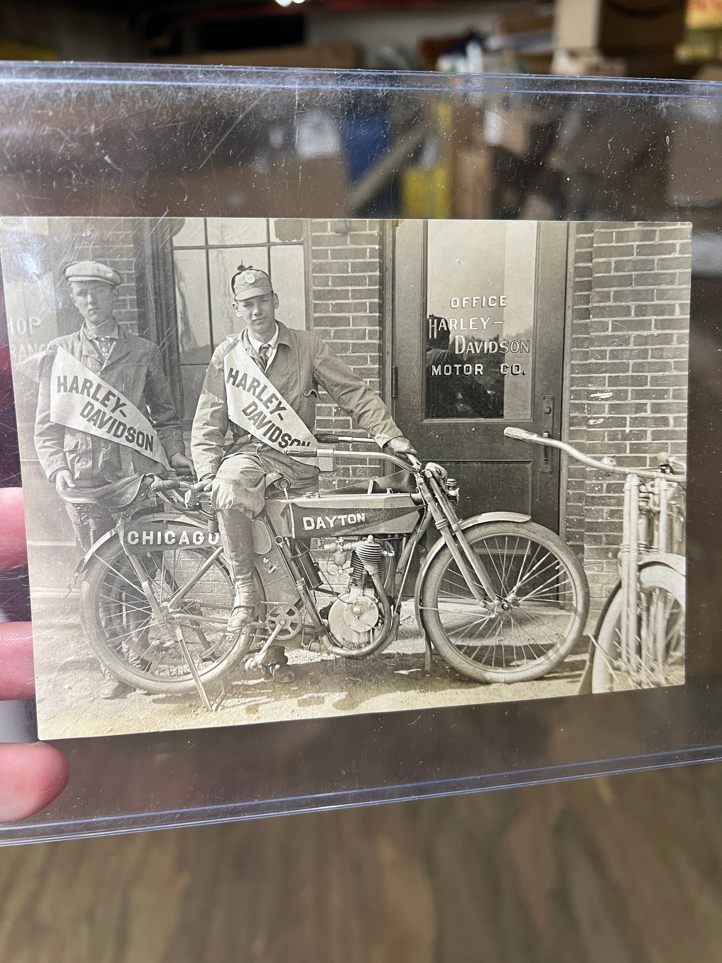 1910 Harley Single Factory Ad Photo w/ Dayton & Chicago Pennants